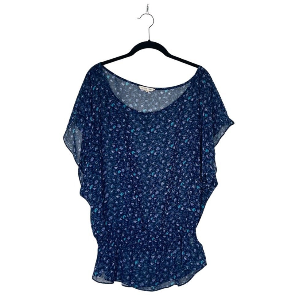 American Eagle Outfitters Blouse M‎ Blue Floral Sheer Boat Neck Smocked Hem